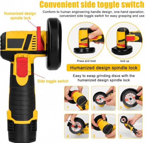 Image of Cordless Mini Angle Grinder Machine with Rechargeable Battery | Portable Electric Grinder for Metal, Tile, Wood Polishing & Cutting with Spindle Lock and Toggle Switch-Handle Exterior Scratch Free