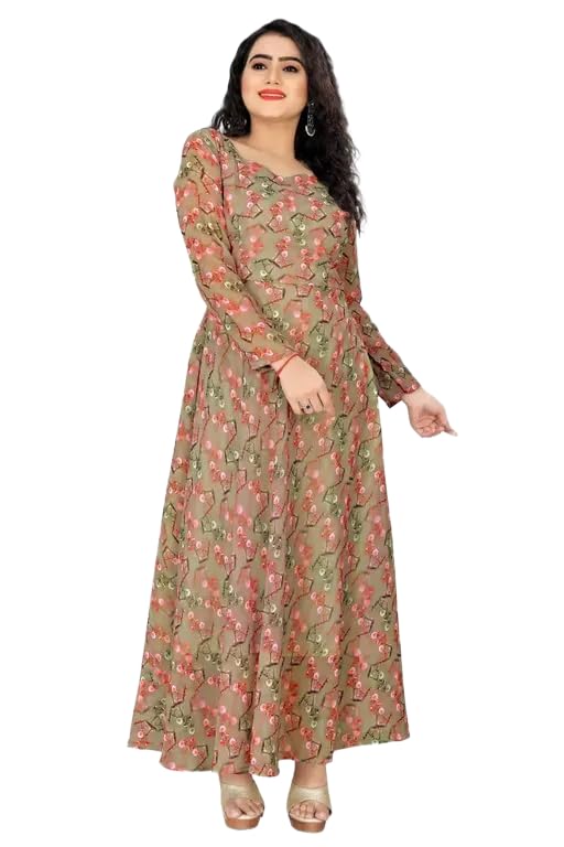 Women's Floral Printed Anarkali Kurti Gown with Panchkoni Neck & Long Sleeves, Georgette Fabric-image-14