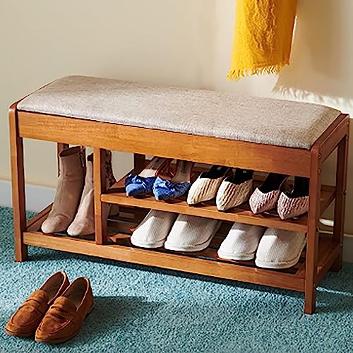 Meuble rangement chaussures bois d'entrée avec banc rustique jaune