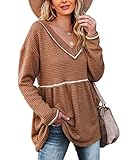 Chang Yun Womens V Neck Waffle Tunic Top Long Sleeve Peplum Pullover Babydoll Casual Flowy Swing Tshirts Pullover Sweaters, Brown, Medium