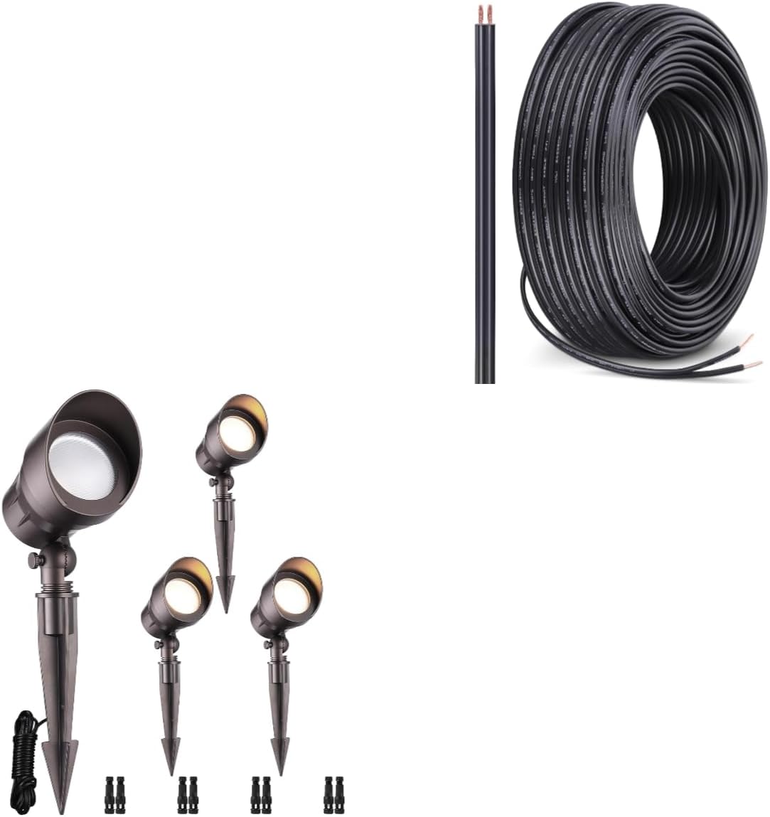 LEONLITE 4-Pack 5W LED Landscape Spotlight, AC/DC 12V Low Voltage, IP65 Waterproof Non-Dimmable, Bronze Aluminum Housing, 3000K Bundle 100ft 16/2 Low Voltage Landscape Lighting Cable, Black