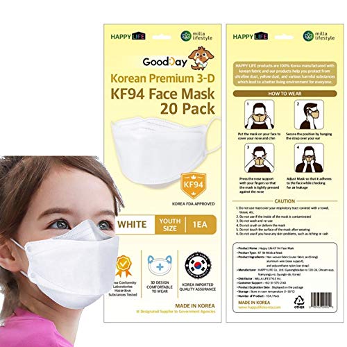 (20 PCS) KF-94 Kids White Face Mask, Individual Pack Youth Age 5-15 old, 4-Layer Filters Disposable, Made in Korea