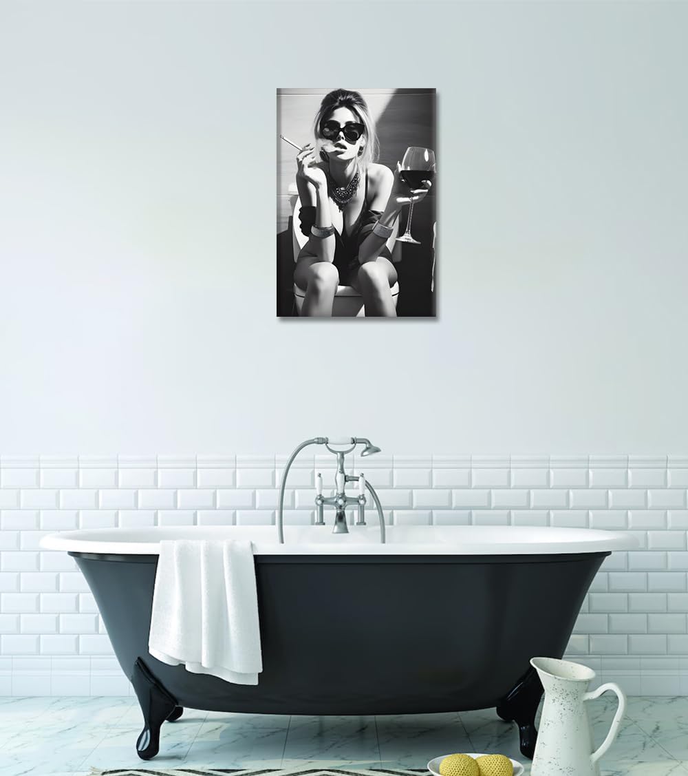 Girl Smoking Painting on Canvas Wall Art Black and White Sexy Nude Posters and Prints for Home Decor Living Room Toilet Bathroom Bar, Framed 44L x 28W