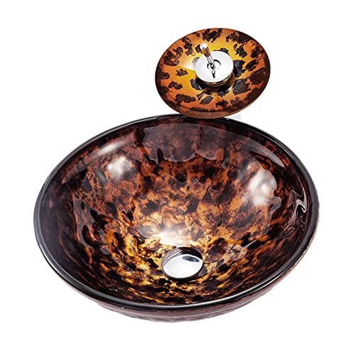 GLETSF Lavabo De Baño, Lavabo De Baño con Diseño De Llamas Pintado A Mano, Lavabo Artístico De Vidrio Templado, Lavabo De Encimera Redondo con Grifo Emergente Cromado