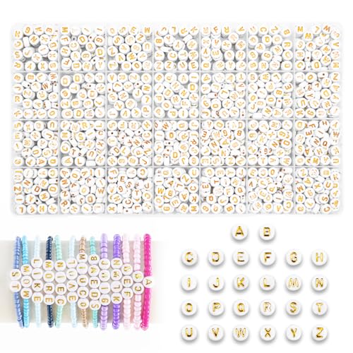 MiuCo 1850 Stück Goldene Buchstabenperlen für Armbänder, Perlen Set Buchstaben für Freundschaftsarmbänder Selber Machen, Rund Buchstaben Perlen zum Auffädeln für DIY Schmuck Basteln
