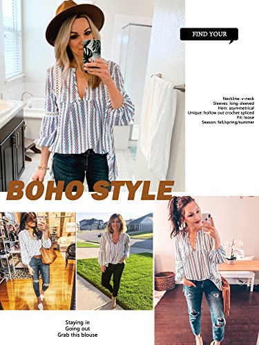 Zxzy Women Long Sleeve V Neck Hollow Out Floral Print Shirt Tops Long Blouse Tee, Large, Blue #TOP5