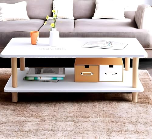 Image of Coffee Table - Rectangle Center Table for Living Room | Engineered Wood Tea Table with Storage | Stylish Teapoy Table for Hall, Lounge, and Office (White - b)