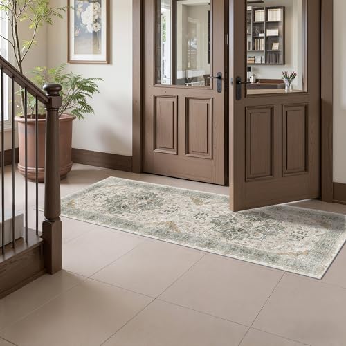 Madane Washable Runner Rug - 2x6 Rug Runners for Hallways 6 Foot Non Slip Vintage Kitchen Runner Rug Ultra-Thin Bathroom Runner Rugs Carpet Laundry Room Bedroom (2x6ft, Light Taupe Brown)