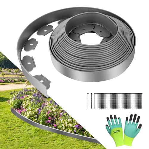YAOBLUESEA Flexible Rasenkante aus Kunststoff grau 5cm hoch 10m lang, mit 60 Erdanker & 1 Paar Handschuhe für Garten Rasen Beet Stein-& Kiesflächen