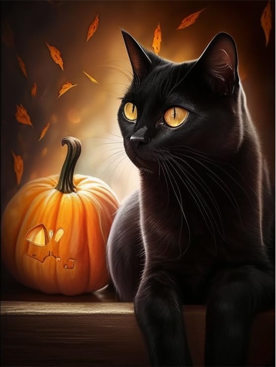 Kits de pintura de diamantes de Halloween para adultos, kit de arte de diamantes de calabaza de gato negro loco para adultos, kits de arte de gemas