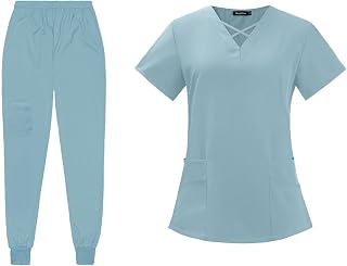 Nursing Scrubs for Women Set Scrub Top and bottoms Thin Workwear Work Clothes Nurses Uniform for SPA Beauty Salon Veterinary, Light Blue, XXL