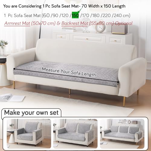 Image of HOKIPO Premium Velvety Quilted Anti-Slip Sofa Cover Mats for L-Shape & 1 /2 /3 Seater Sofa | Make Your Own Sofa Cover Set, 'Softline Quilted Series' 70(W) x 150(L) cm | Arctic Grey (AR-6316-DGRY)