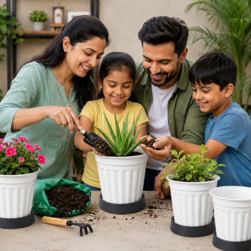 Image of TechHark WhitePlastic Plant Pots with Saucer, Ribbed Style, for Indoor and Outdoor Use, Set of 5