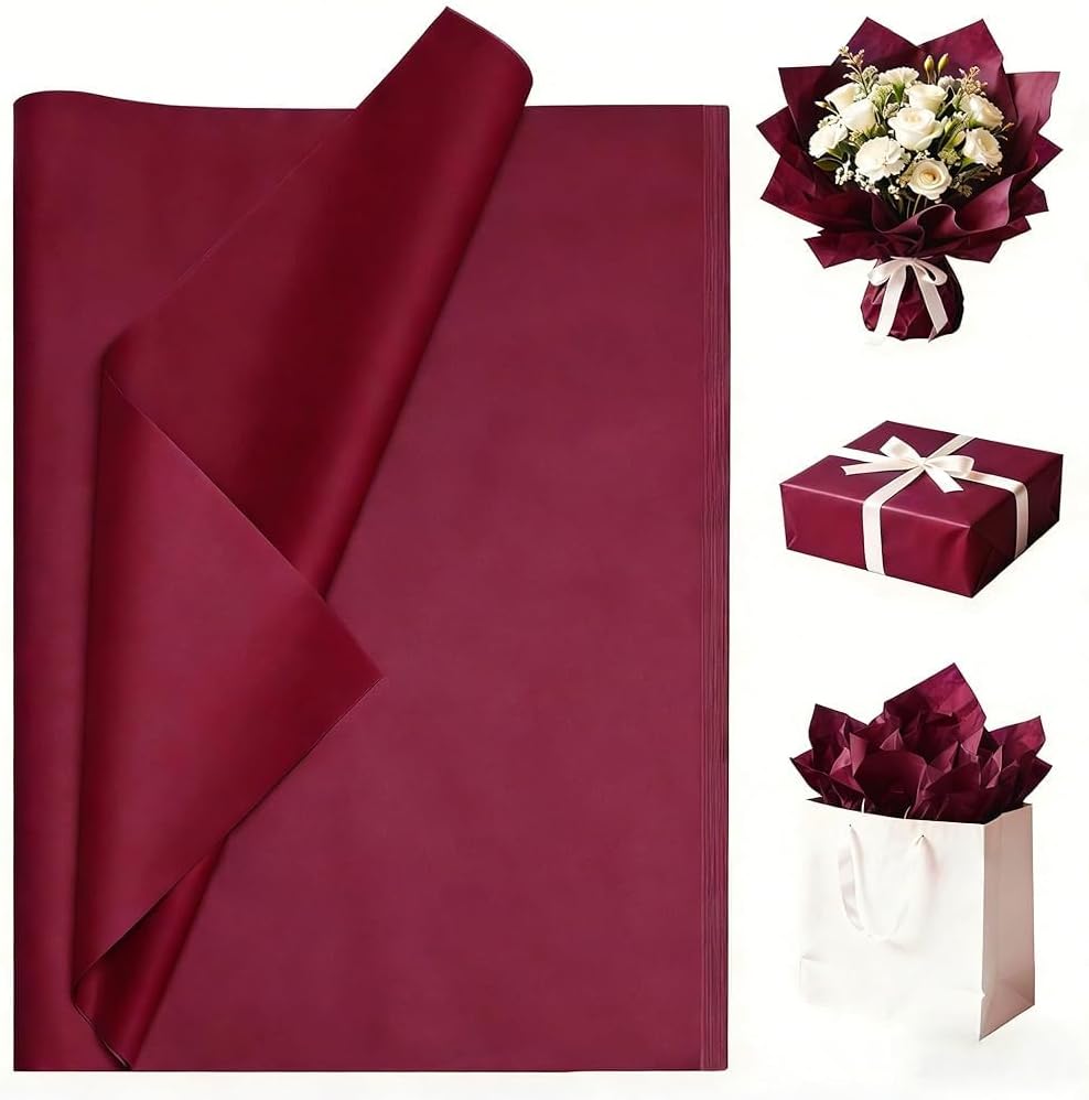 Luckonway 40 Sheets 20x20 Inches Burgundy Tissue Paper for Gift Bags – Bulk Gift Wrapping Paper for Christmas, Weddings, Parties & Art Crafts (Burgundy)