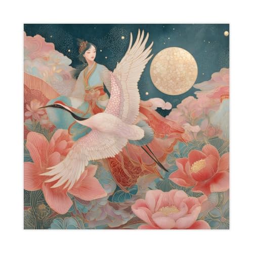 Art mural asiatique floral sur toile, tableau grue et femme en robe traditionnelle, 71x71 cm