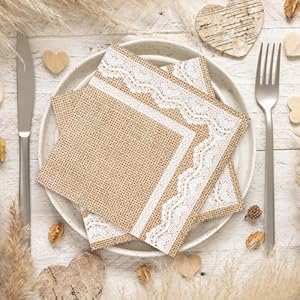 Whaline 100 Pack Burlap Printed Cocktail Napkin 3Ply Natural Brown White Lace Napkins Rustic Disposable Dinner Napkin for Wedding Birthday Farmhouse Party 5 x 5 Inch