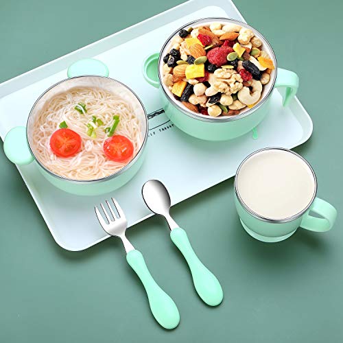Children\'s Dinnerware Set, TOPBOOC Toddler Dinning Set,BPA Free Kids Tableware Include Bowl, Water Bottle, Suction Plate and Utensil Set Spoon and Fork(Green)