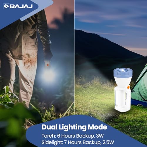 Image of Bajaj Travellesta 3W Duo RC LED Torch | Dual Lighting Mode | USB C-Type Charging | 6 Months - Warranty (Pack of 1, White and Blue)