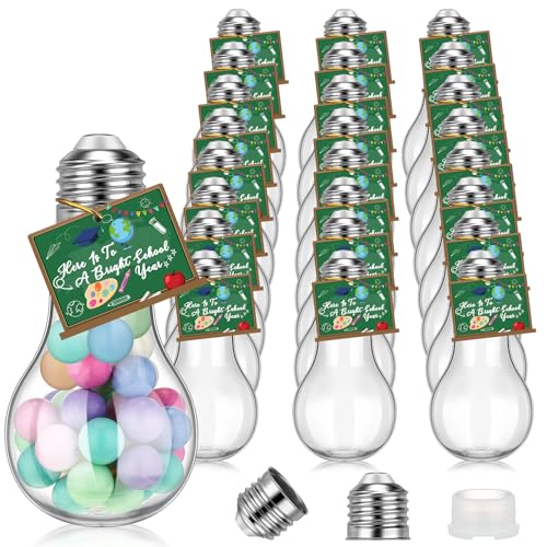 Yiyiring 24 Pack Back to School Plastic Light Bulbs Jars with Card and String First Day of School Gift 100 ml Light Bulb Candy Containers Clear Candy Jars Students Teachers Classroom Reward Gifts