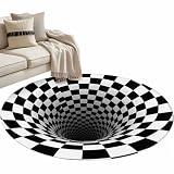 3D Optical Illusion Round Rug 3ft Washable Circle Entryway Rugs Non Slip Black White Checkered Area Rug Gingham Plaid Vortex Indoor Carpet for Bedroom Kitchen Living Room Office Dining Room Nursery