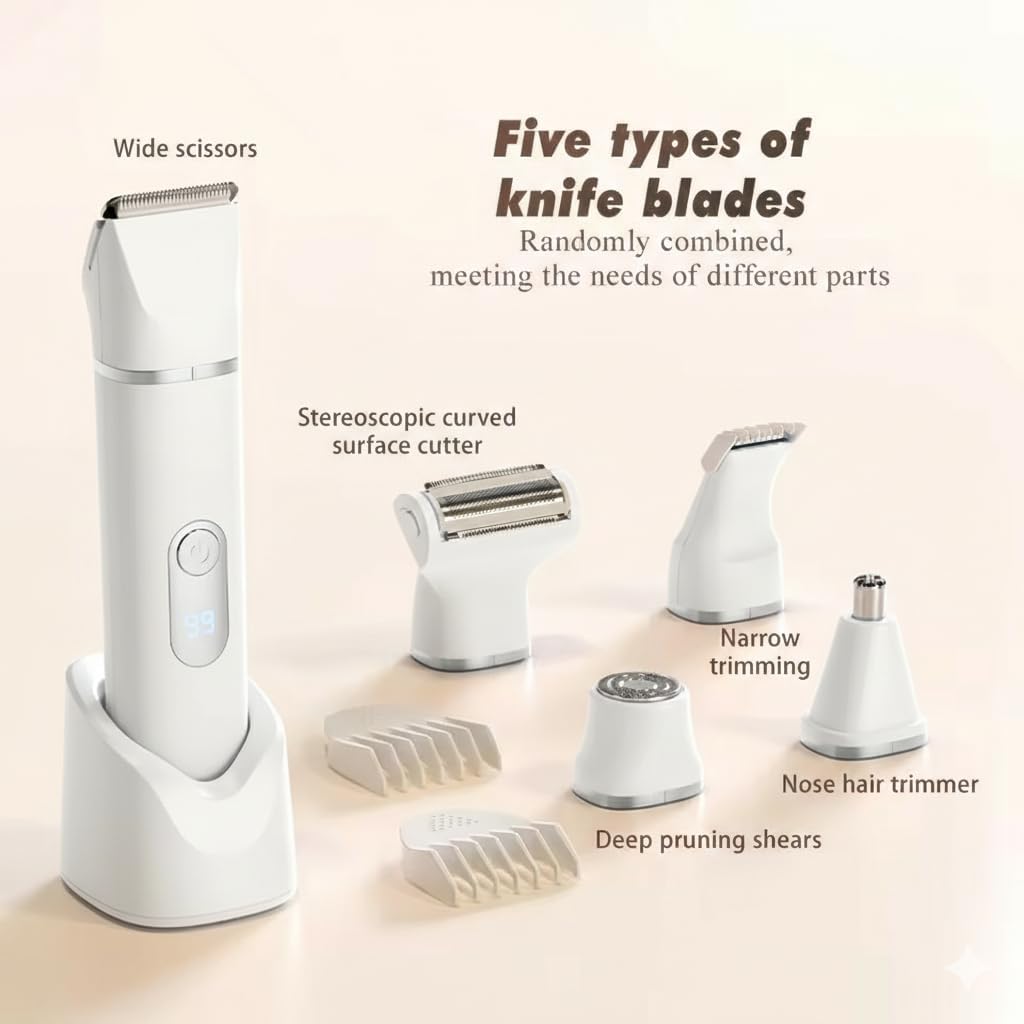 Nose Hair Trimmer for Women & Electric Razors for Women – 5-in-1 Waterproof Bikini Shaver, Cordless Electric Shaver with Ceramic Blades, USB-C Rechargeable Painless Hair Removal Kit, Travel Case