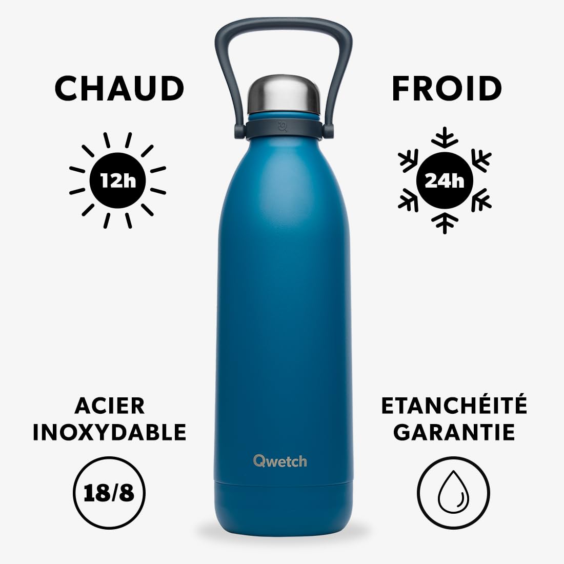 Qwetch - Grande Bouteille Isotherme -Bleu Canard 1,5L - 48h Froid et 16h Chaud - Etanche & Sans BPA - Gourde Inox avec Poignée de Portage - Thermos isotherme pour Pique-nique, Camping, Famille