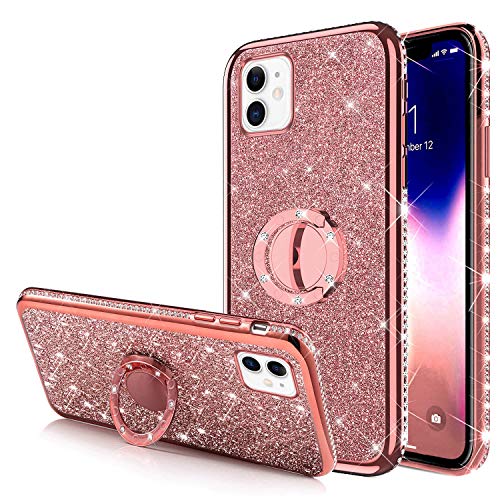 Glitzer Hülle Kompatibel mit Tasche iPhone 11 Hülle,[Ring Ständer]Glänzend Glitzer Strass Diamant TPU Silikon Hülle Überzug Bumper Weiche Silikon TPU Rückschale Handyhülle Schutzhülle Case,Rose Gold