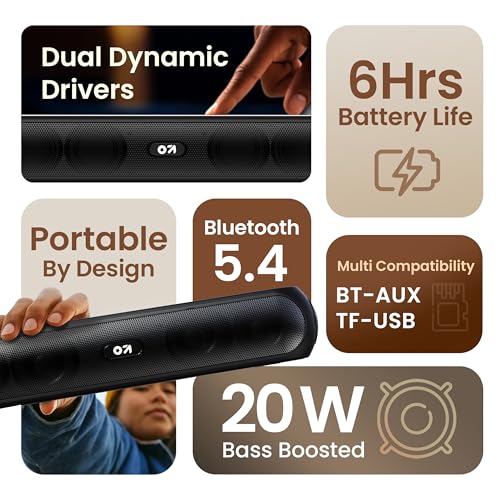 Image of GOBOULT Bassbox X20 Bluetooth Speaker 20 Watt BoomX Audio, Up to 6 Hrs Playtime, Type-C Charging, AUX /TF Card /USB & BTv 5.4, Bluetooth Sound Bar Portable (Pure Black)