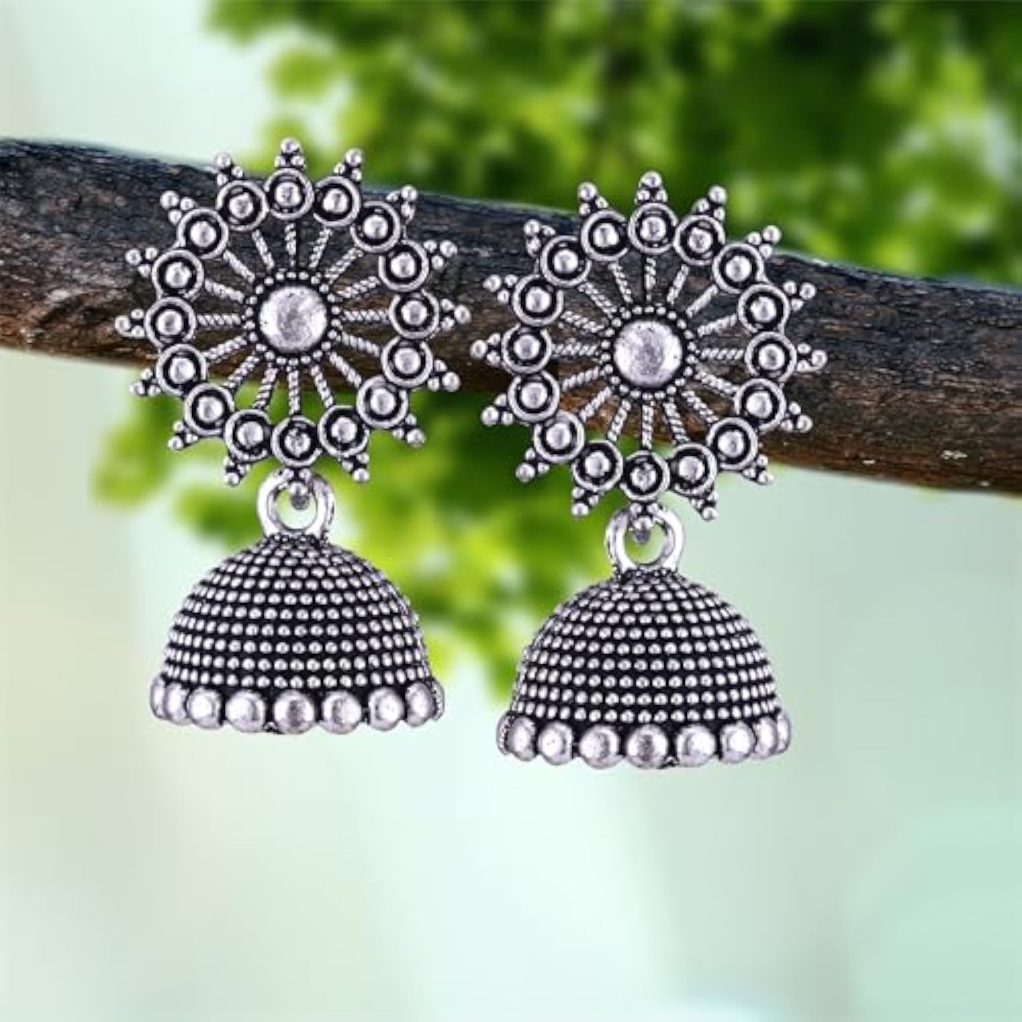 Women's Oxidised Silver Glamorous Jhumka Earrings with Pearl Accents