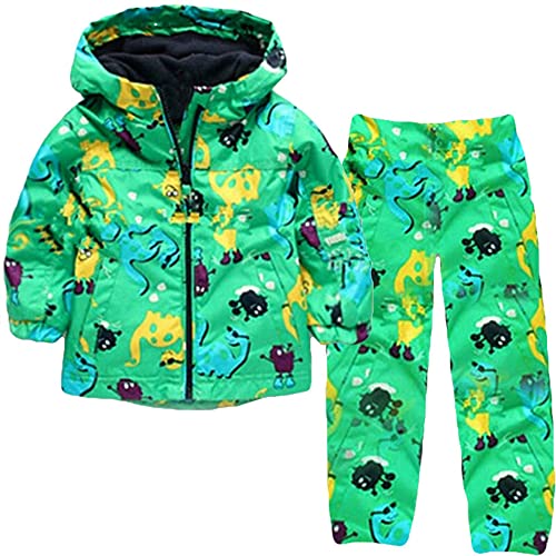 TOKYMOON Jungen Regen-Set Regenmantel mit Kapuze Jungen Gefütterte Regenjacke Gemusterte Wasserdicht Winddicht Regenanzug-Set mit Fleece gefüttert, Kinder Matsch-Anzug 2-teilig Grün 1 110 Cover
