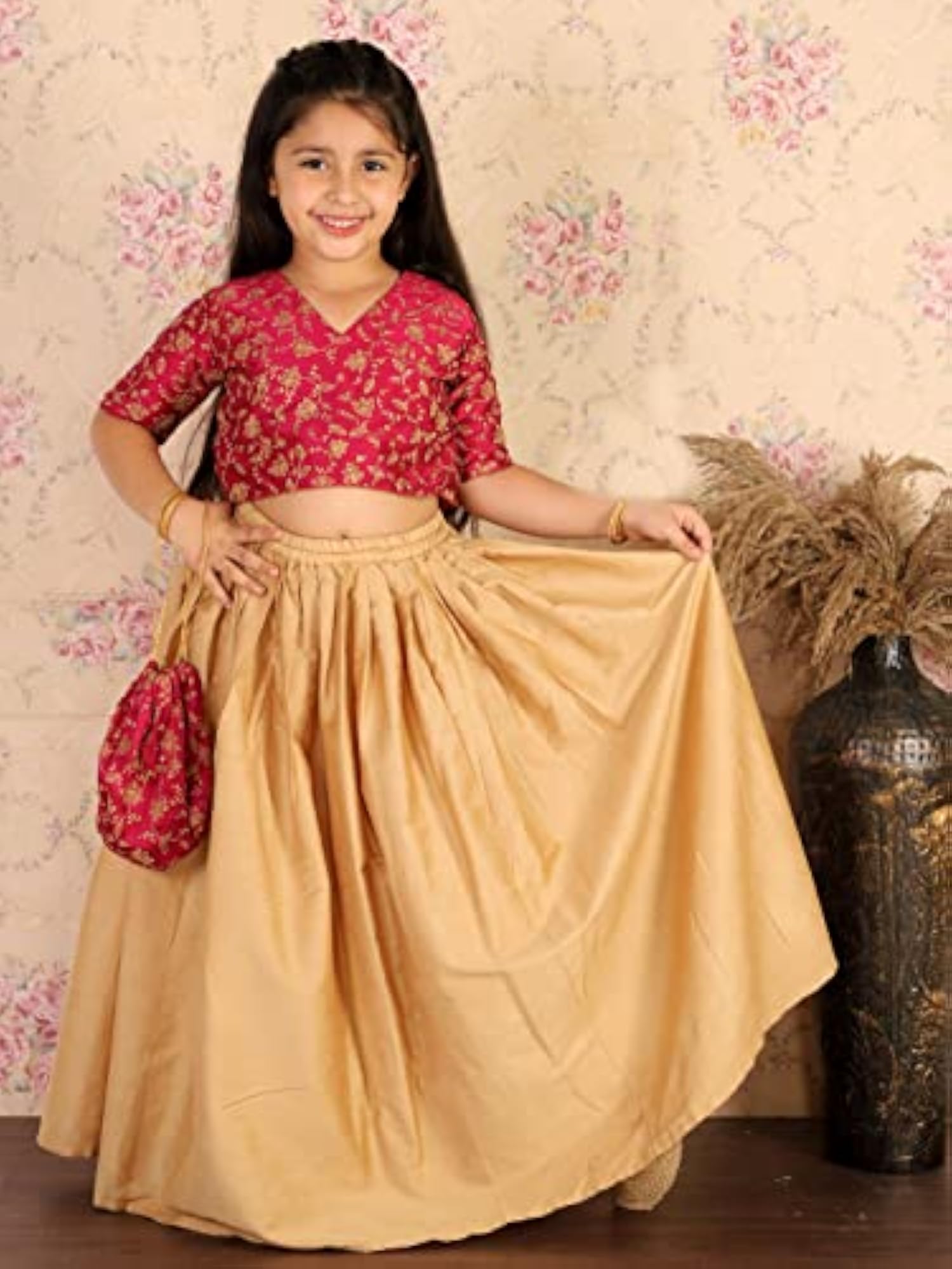 Girls' Frusia Pink and Rose Gold Lehenga Set