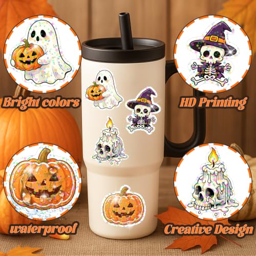 100 PCS Glitter Holographic Halloween Stickers, Waterproof Vinyl Pumpkin Ghost Skeleton Sticker Pack, Halloween Decals for Water Bottles, Laptops, Phones, Skateboards, Party Favors for Halloween - Image 2