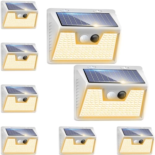 Image of Peasur Solar Lights Outdoor Motion Sensor Waterproof, 8Pack 140LED White Solar Powered Fence Lights, 3 Modes Security Wall Lights for Garden Yard Outside Warm