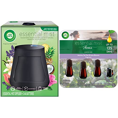 Set: Air Wick Essential Mist Diffuser Essential Oil Diffuser Freshener, Black & Air Wick Essential Mist Refill Essential Oils Diffuser, Unwind Jasmine, Teatree & Lotus Blossom Fragranceair Freshener #TOP25
