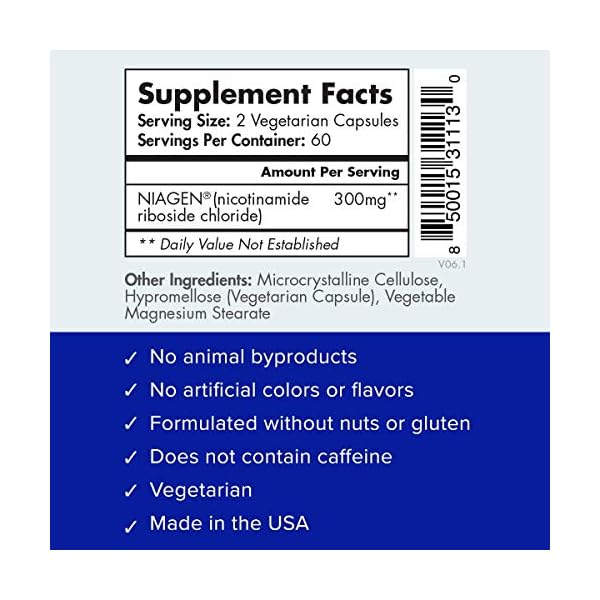 TRU NIAGEN - Patented Nicotinamide Riboside NAD+ Supplement. NR Supports Cellular Energy Metabolism & Repair, Vitality, Healthy Aging of Heart, Brain & Muscle - 60 Servings / 120 Capsules - Pack of 1