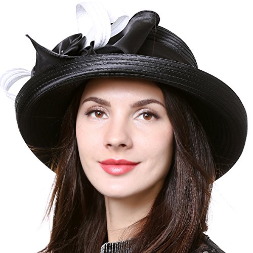 Women Derby Church Dress Hat Wide Brim Leaf Flower Bridal Shower Hat (Satin-Black/White) #TOP3