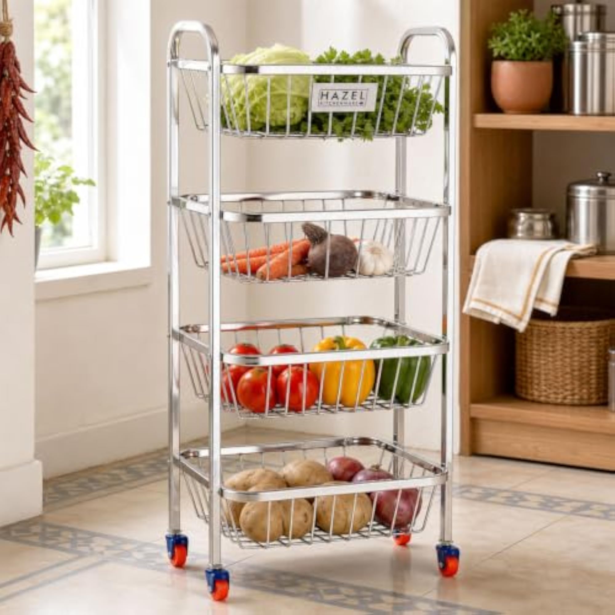 Stainless Steel Fruit Basket Trolley with Wheels