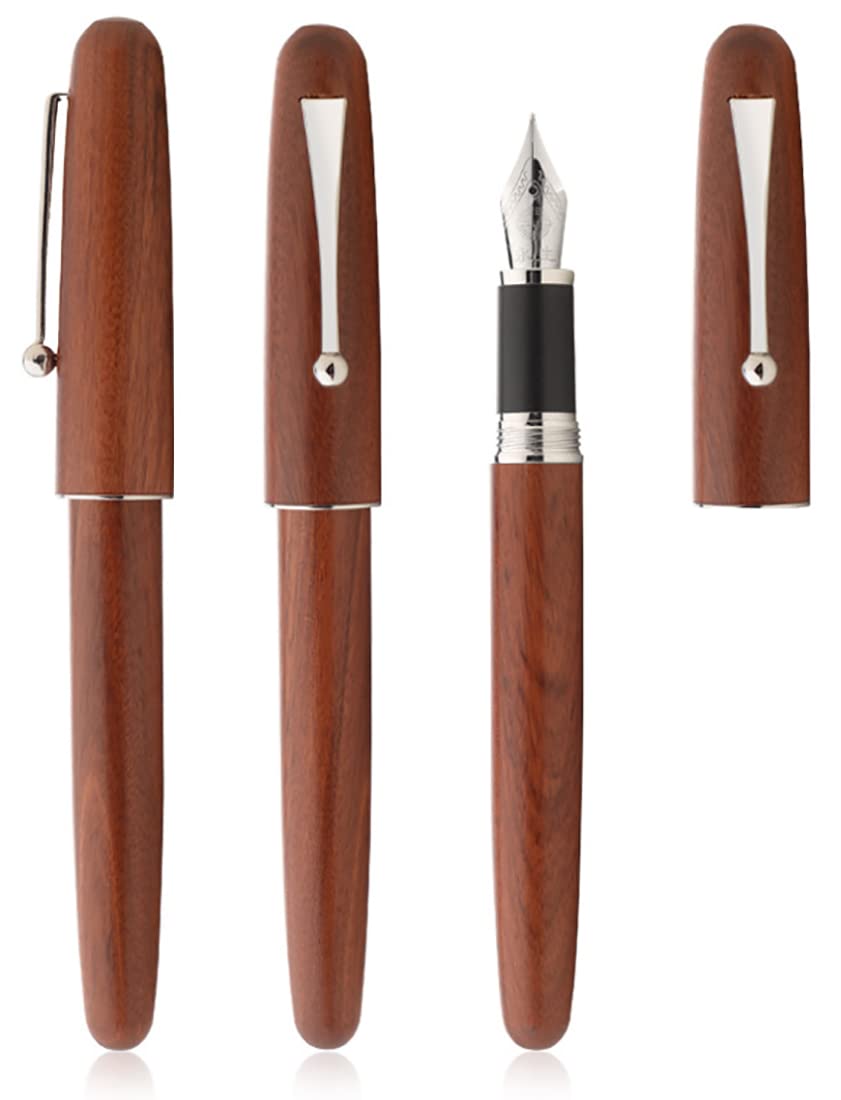 Gullor Natural Wood Fountain Pen Medium Nib with Ink Converter, Screw Cap Silver Clip - Image 2
