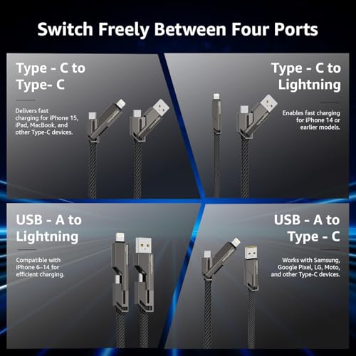 Image of amazon basics 4 in 1 Metal Flat Braided Indestructible Cable 110cm 60W with lightning to type C, type C to C, Lighting to type A compatible for iPhones, iPads, Macbooks, Type C Laptops (Grey)