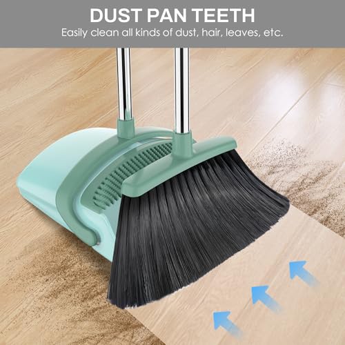 Image of Broom and Dustpan Set for Home, 51-in Long Adjustable Handle Angle Broom and Dustpan Combo Set with Dust Pan Teeth to Clean Hair for Home Kitchen Office Lobby Floor Garden, Green