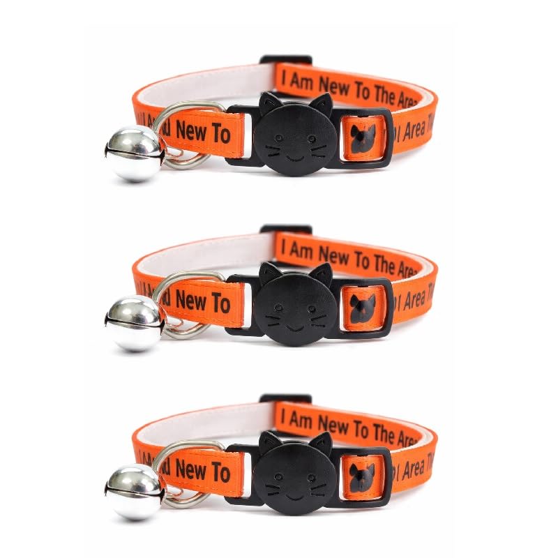 Worded Cat Collars with Bell – Please Do Not Feed Me, I Am Microchipped | Safe Quick Release Breakaway Buckle | Zacal Cat Collars (4. Orange, I Am New To The Area, Pack of 3)