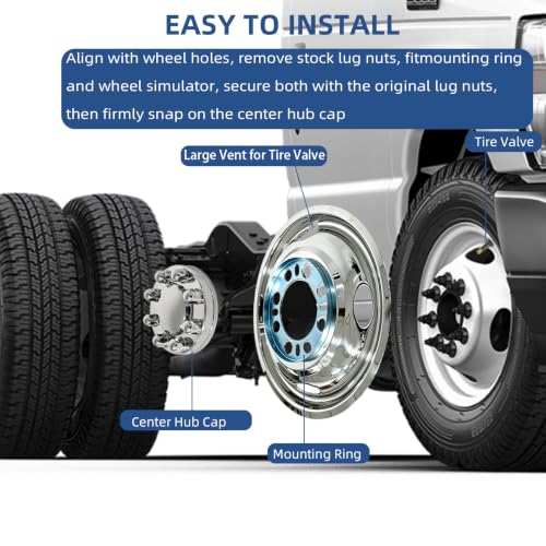 Image of hightall 16 Wheel Simulators,16 inch 8 Lug 6.5 inch Bolt Pattern Dual Rear Wheel Stainless Steel Hub Caps,Bolts On Wheel Cover Set Compatible with Chevy GMC Ford Dodge 3500 Dually Trucks & Vans