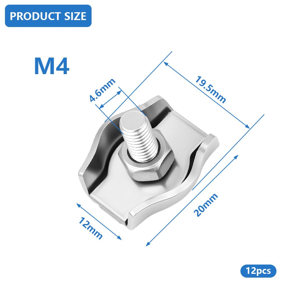 Flintronic M4 zacisk do liny drucianej, 12 sztuk pojedynczych klipsów, 4 mm stal nierdzewna, zacisk linowy, łącznik do liny stalowej 3 mm, linka stalowa, linka do bielizny, linka leśna, do mocowania