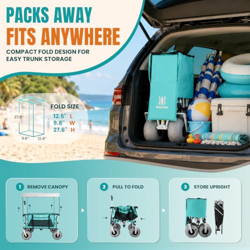 Image of Navatiee Beach Wagon with Big Balloon Wheels for Sand, 200L Extra Large Beach Cart with Canopy, 440Lbs Heavy Duty Folding Wagon Collapsible with 9 inch Tires & Side Pocket for Beach, Outdoor, Light Blue