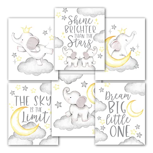 Image of 6 Reversible 8x10 Elephant Nursery Decor Wall Art Prints, Elephant Nursery Wall Decor For Bedroom Posters, Baby Elephant Baby Shower Decorations For Wall Art Prints, Stars and Moon Nursery Decor