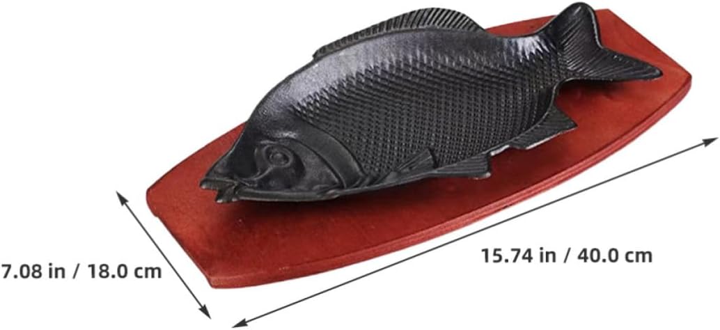 Fish Shape Iron Serving Dish with Wooden Base Heat Resistant