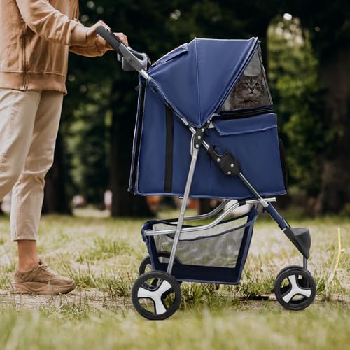 Magshion 3-Wheel Pet Stroller, Foldable Travel Jogger for Small & Medium Dogs & Cats (Up to 33lbs), Lightweight Carrier with Breathable Mesh Cover, Cup Holder & Storage Basket, Navy Blue