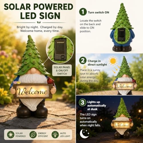 hvfun Solar Garden Gnome Statue with Welcome Sign, 13.5" Resin Outdoor Gnome Decor with LED Light, Cute Garden Statue for Yard, Porch, Patio, Lawn, Housewarming Gifts for Women Mom Grandma — view 3