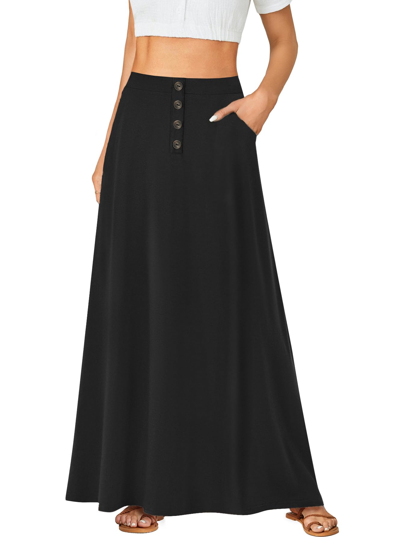 Rooscier Womens High Waist Button Front A-Line Long Maxi Skirt with Pockets
