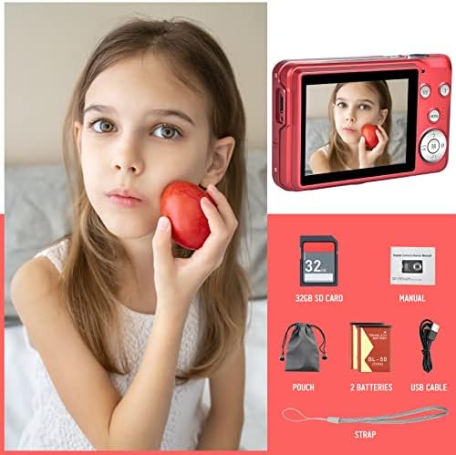Digital Camera, Compact Kids Camera with SD Card 48MP 2.7K/20FPS 2.7-inch Screen LCD Anti-shake Photoflash Selfile For Children Teens Beginners Gift (Red)